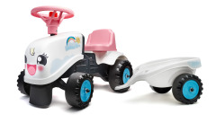 Odstrkovadlo Falk traktor Rainbow bílo-růžový s volantem a valníkem