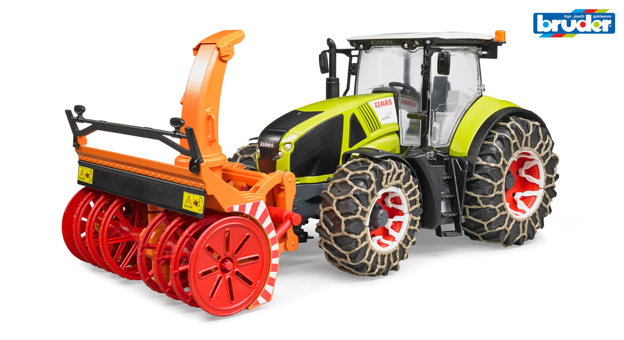 Bruder Farm - Claas Axion traktor se sněhovými řetězy a radlicí