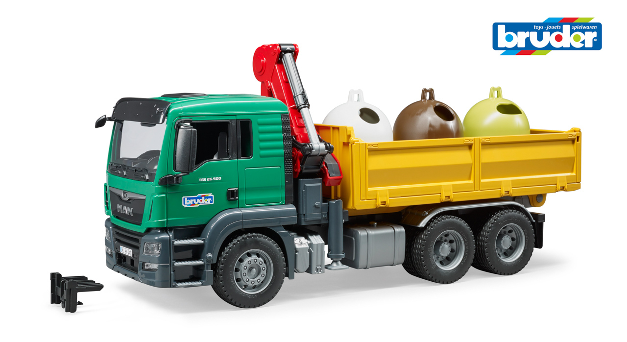 Bruder Komerční vozy - MAN nákladní auto se 3 recyklačními popelnicemi a lahvemi