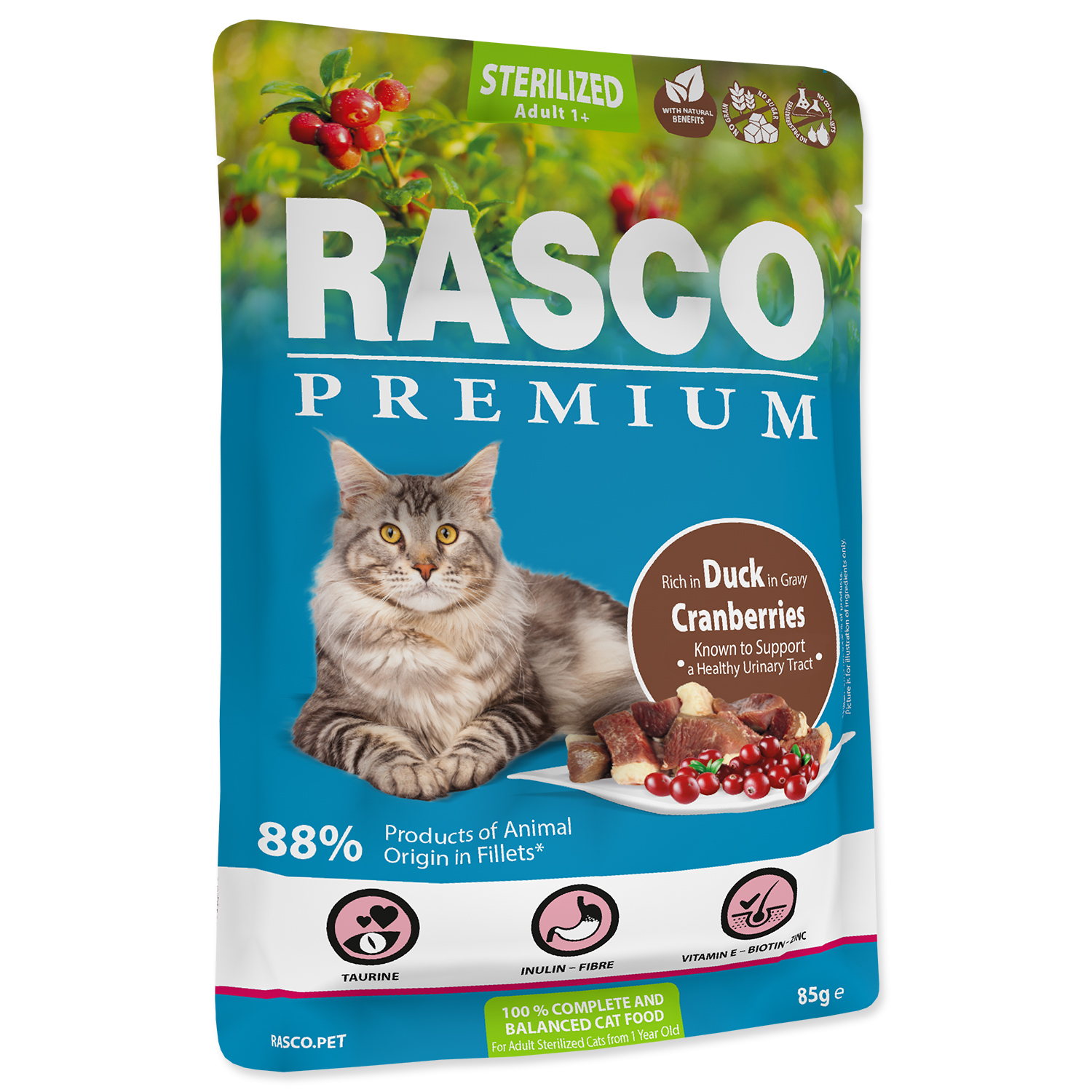 Kapsička RASCO Premium Cat Pouch Sterilized, Duck, Cranberries