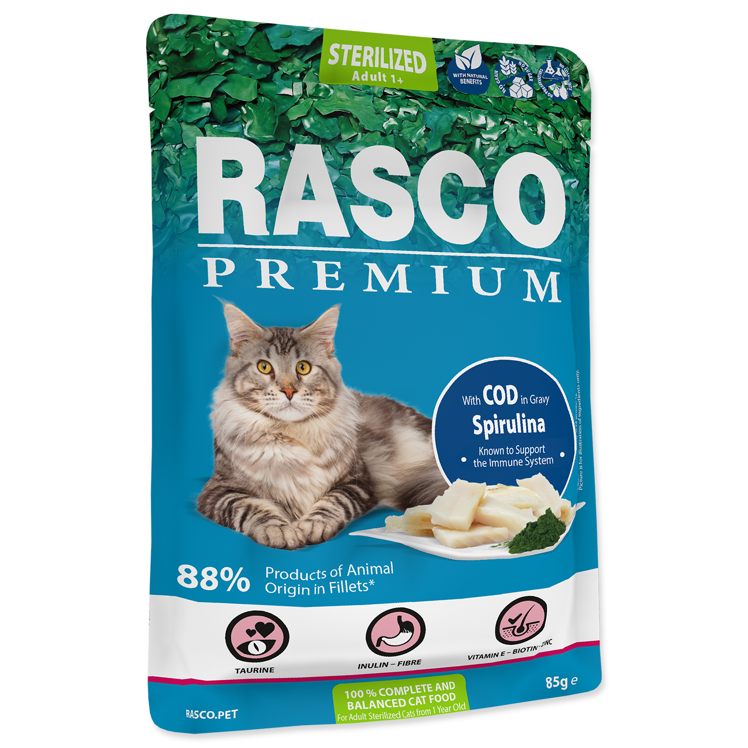 Kapsička RASCO Premium Cat Pouch Sterilized, Cod, Spirulina